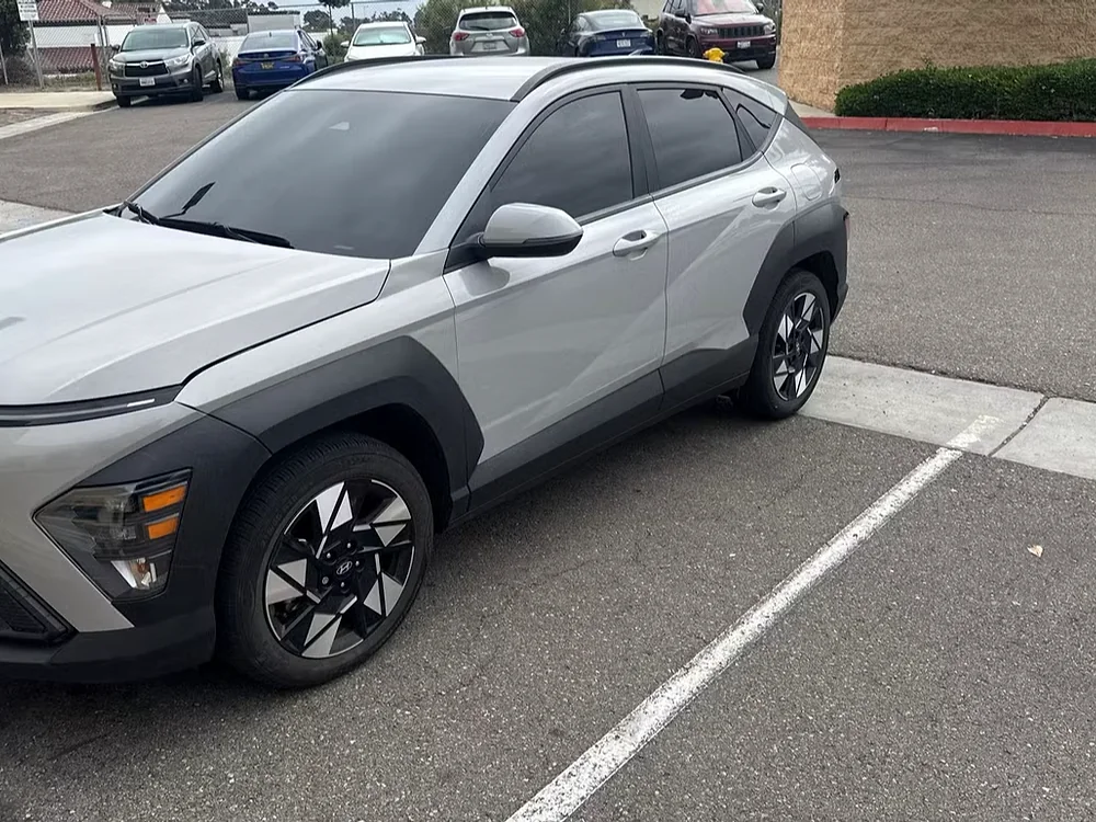 Silver Hyundai Kona compact SUV in a North County San Diego parking lot